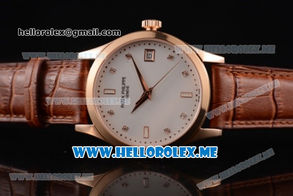 Patek Philippe Calatrava Miyota 9015 Automatic Rose Gold Case with White Dial and Diamonds Markers Brown Leather Strap - Click Image to Close